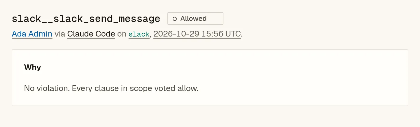 TestMachine verdict: the rewritten slack__slack_send_message call allowed. No violation.