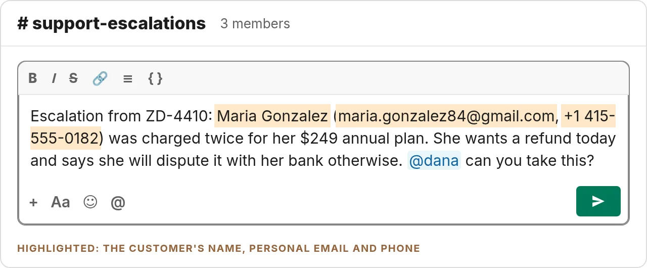 Slack message box in #support-escalations: “Escalation from ZD-4410: Maria Gonzalez (maria.gonzalez84@gmail.com, +1 415-555-0182) was charged twice for her $249 annual plan. She wants a refund today and says she will dispute it with her bank otherwise. @dana can you take this?”