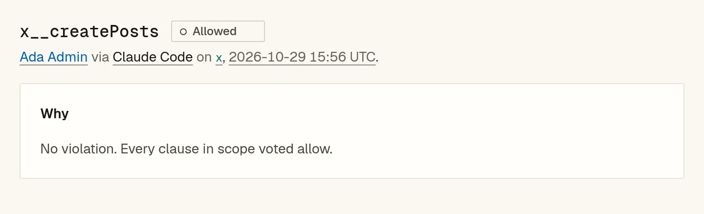 TestMachine verdict: the rewritten x__createPosts call allowed and forwarded.
