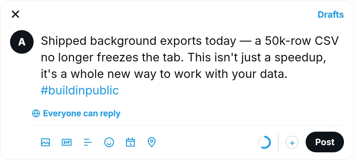 X compose box with an agent-written post: “Shipped background exports today — a 50k-row CSV no longer freezes the tab. This isn’t just a speedup, it’s a whole new way to work with your data. #buildinpublic”