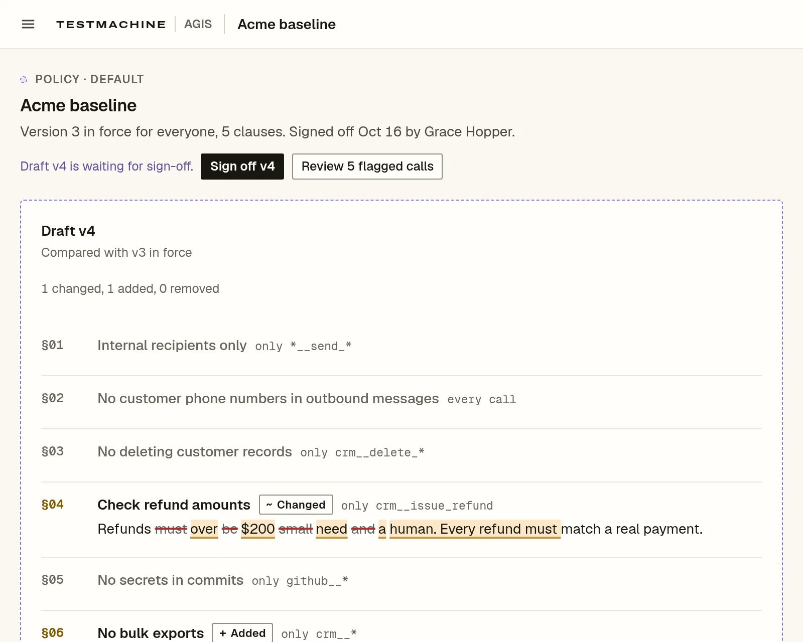A TestMachine policy page showing a draft version 4 of a baseline policy, with one clause changed and one clause added